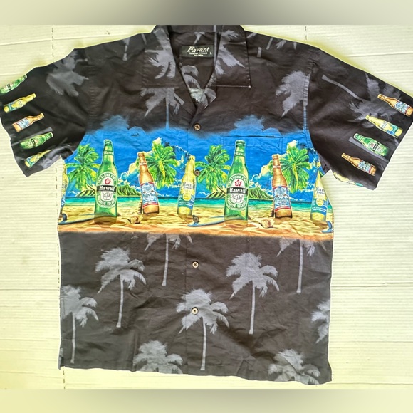 Favant Mens Hawaiian Shirt Tiki Lounge Beer‎ Bottle Short Sleeve Button Sz Large - Picture 5 of 5
